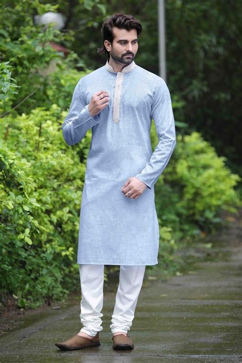 Light Blue Cotton Silk Designer Kurta Pyjama sku:518763 Kurta Pajama ...