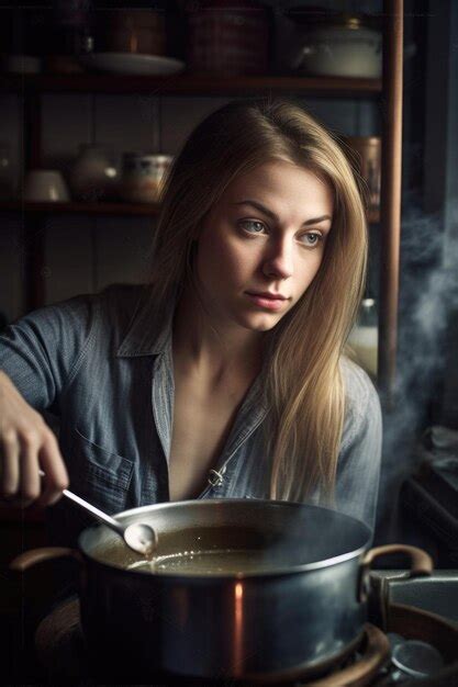 Premium AI Image | Portrait of a young woman stirring a pot on the stove created with generative ai