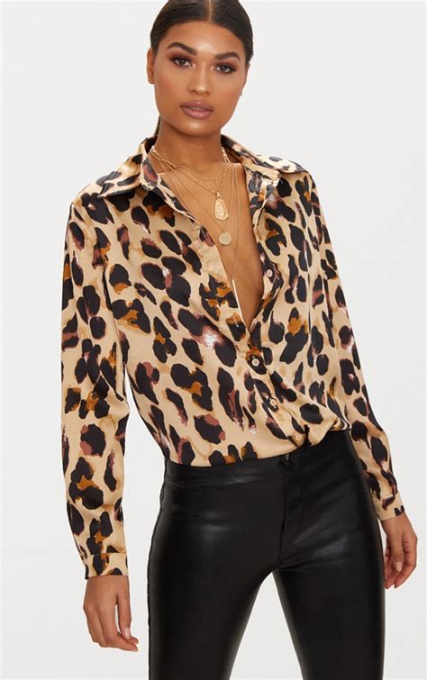 Tan Leopard Print Satin Oversized Shirt | Tops | PrettyLittleThing USA