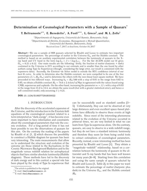 (PDF) Determination of Cosmological Parameters with a Sample of Quasars