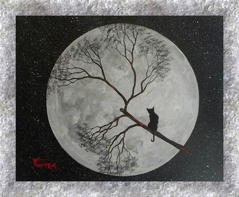 Cat on the Full Moon Oginal Acrylic Painting on Canvas Painting by Yannis Koutras