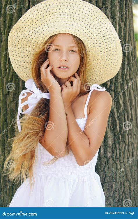 Beautiful Smiling Girl in Hat Near Stock Image - Image of bark, face ...