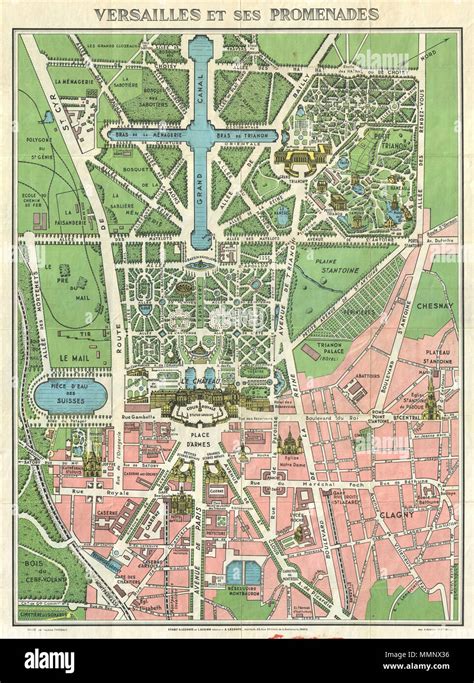 . English: A tourist map with a general plan of Versailles and bird's-eye views of several ...