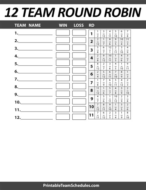 Round Robin Tournament - 12 team bracket. Print Here - http://printableteamschedules.com ...