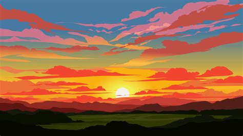 Vector illustration of colorful sunset with mountains and meadow 22245963 Vector Art at Vecteezy