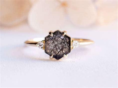 Hexagon Black Rutilated Quartz and Diamond Ring - Aurelius Jewelry