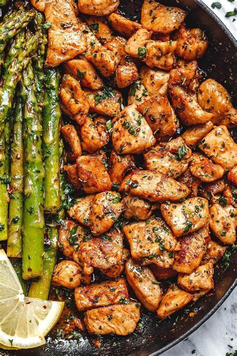 Garlic Butter Chicken Bites with Lemon Asparagus Schiffner&ChickenREC in 2020 | Health dinner ...