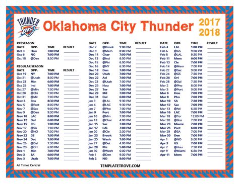 Printable 2017-2018 Oklahoma City Thunder Schedule