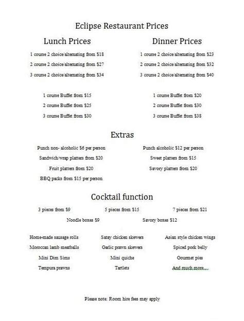 Menu at Eclipse Restaurant, Rockhampton City