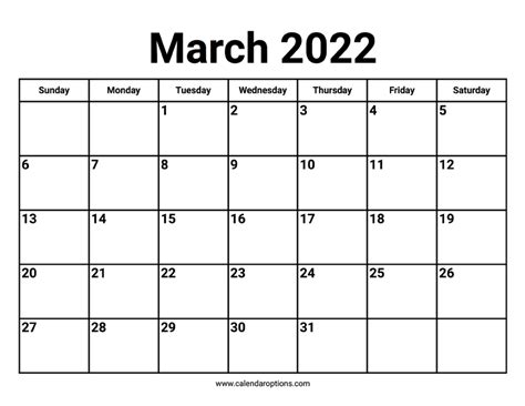 March 2022 Calendar With Holidays