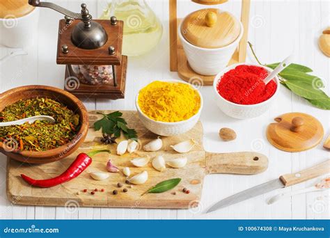 Spices on white background stock photo. Image of herbs - 100674308