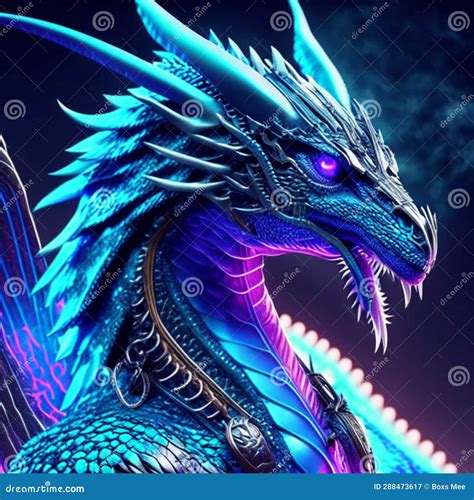 3D Rendering of a Fantasy Dragon with Neon Lights Isolated on Black Background Generative AI ...