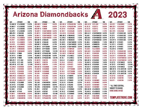 Printable 2023 Arizona Diamondbacks Schedule