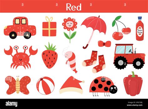 Red color objects set. Learning colors for kids. Cute elements ...