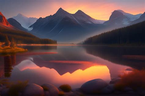 Premium AI Image | A mountain lake with a pink sky and a mountain in ...