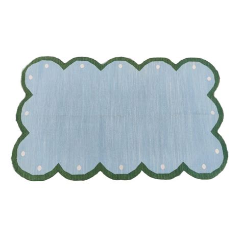 Handmade Cotton Scalloped Rug Reversible Sky Blue and Forest Green Dhurrie-3'x5' | Chairish