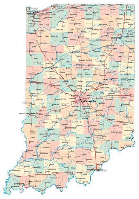 Large administrative map of Indiana state with roads, highways and ...