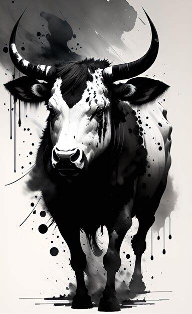 Premium AI Image | A black and white painting of a bull with a white face and black spots.