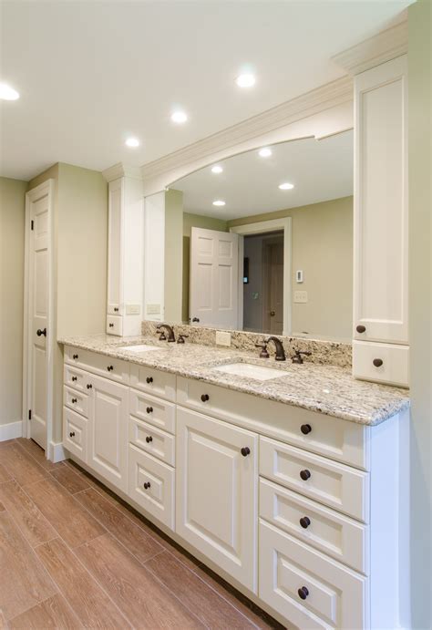 White Bathrooms - White cabinetry with a granite countertop, square sinks, valance and wall ...