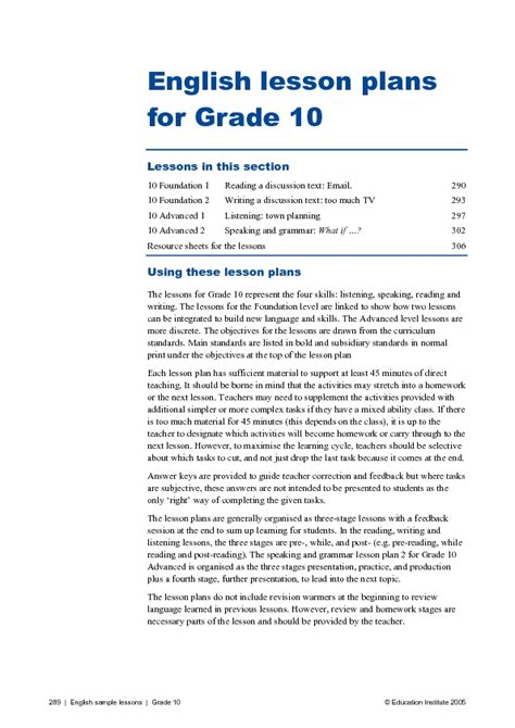 Lesson Plan For Grade 10