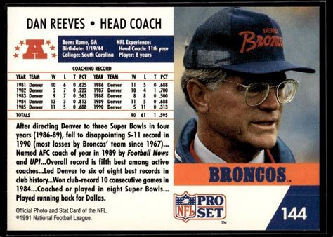 1991 Pro Set Denver Broncos #144 Dan Reeves - Card Tracker