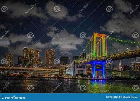 Rainbow bridge night view stock photo. Image of ship - 322434208