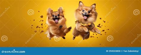 Jumping Moment, Two Pomeranian Dogs on Yellow Background Jumping Moment, Pomeranian Dogs, Yellow ...