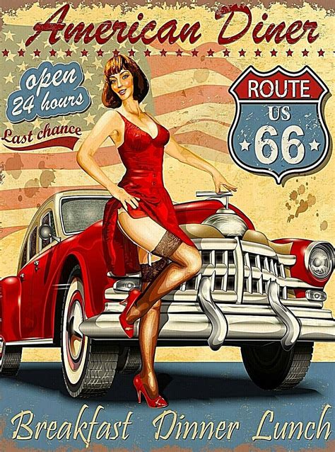 American Diner Route 66 Car Girl United States Retro Travel Art Poster ...