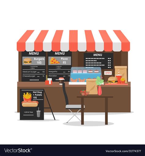 Street food kiosk flat style design Royalty Free Vector