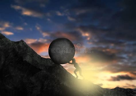 Woman Pushing Big Rock Uphill. Sisyphus Businesswoman Concept in Hill Sky Sunset Stock ...