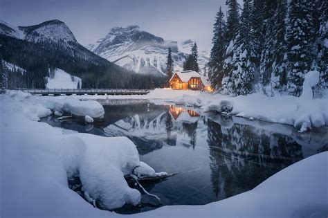 Mountain Winter Scene, nature, snow, mountains, forest, pond, cabin, HD ...