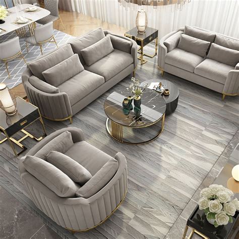 Modern Living Room Sets Gray Velvet Upholstered Chair & Loveseat & Sofa ...