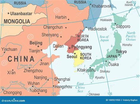 Mappa Della Corea Del Nord Corea Del Sud Giappone Cina Russia Mongolia - Illustrazione Di ...