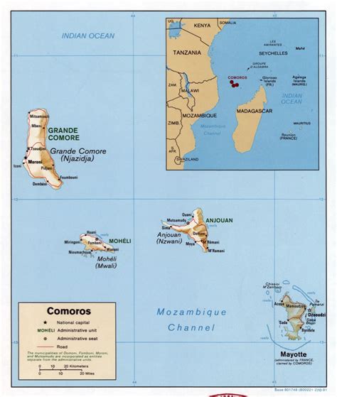 Large detailed political map of Comoros with relief, roads and cities - 1991 | Comoros | Africa ...