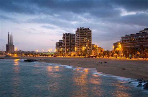 Beach of Badalona in Evening Stock Image - Image of illuminated ...