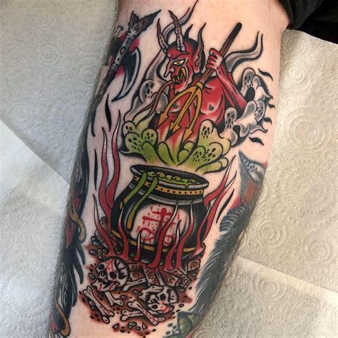 Witch's Cauldron and Demon by Lewis McKechnie at Insider Tattoo, Edinburgh : r/tattoos