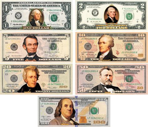 * Set of all 7 * COLORIZED 2-SIDED U.S. Bills Currency $1/$2/$5/$10/$20 ...