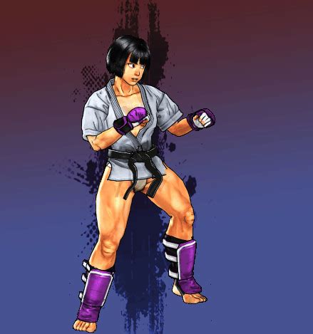 an animated image of a woman with purple boxing gloves and knee pads ...