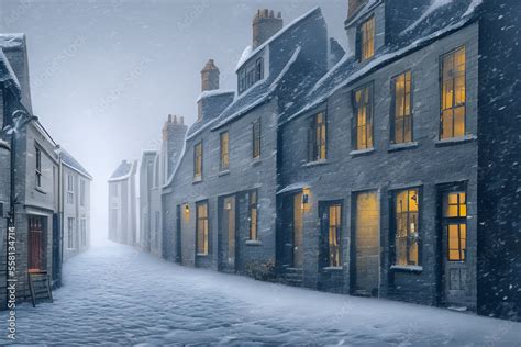 Cosy winter scene with a town street covered in snow. Image created ...