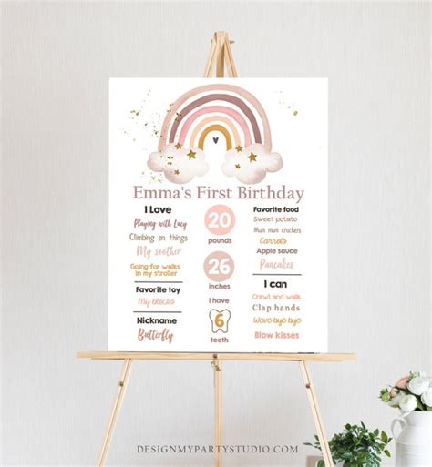 Editable Boho Rainbow Birthday Milestones Sign Girl First Birthday Modern Infographic Birthday ...