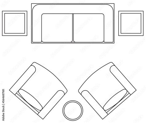2D graphic drawing of the top view layout of the sofa set and its side ...
