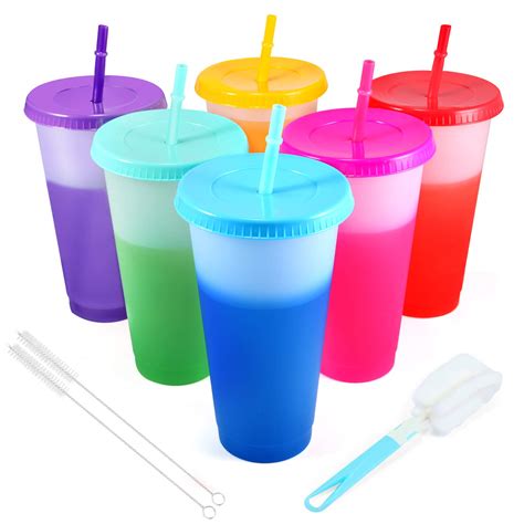 Colour Changing Cups Tumblers with Lids & Straws - 6 Pack 24oz Reusable ...