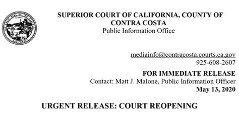 Contra Costa Superior Court - Urgent Release: Court Reopening