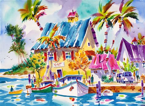 a painting of colorful buildings and palm trees