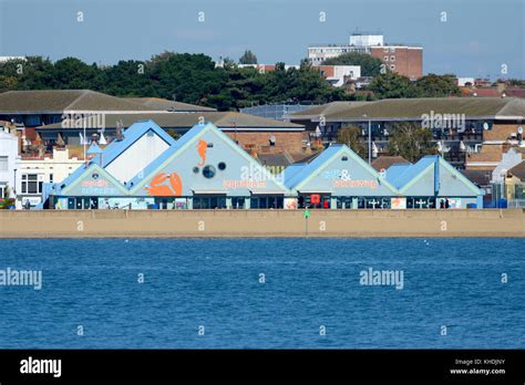 Sea life centre aquarium in Southend on Sea, Essex. Seafront building. Beach, foreshore, sea ...