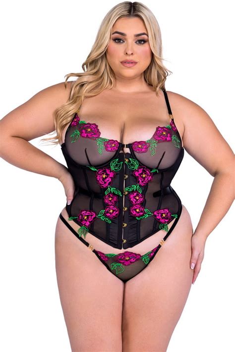 Plus Size Black Peony Embroidered Corset - Spicy Lingerie