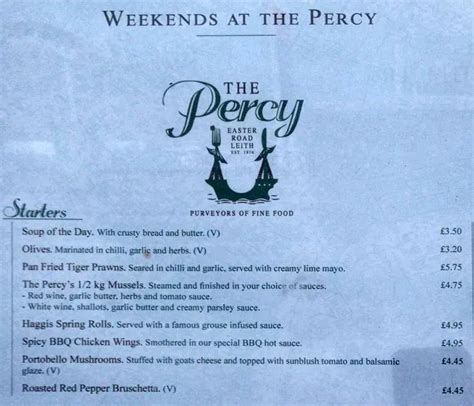 Menu at The Percy restaurant, Edinburgh