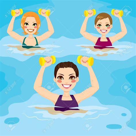 Small group of women making aqua gym exercises with dumbbells at ...