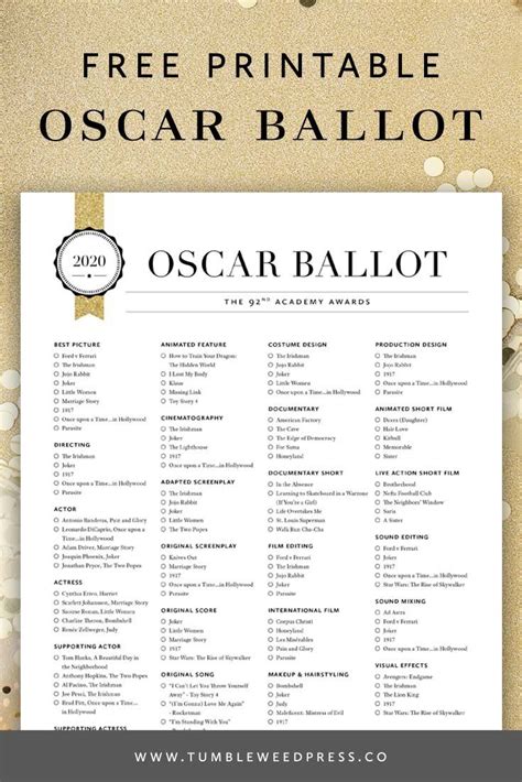 Oscar Ballot Free Printable 2020 Academy Awards in 2020 | Oscar ballot ...