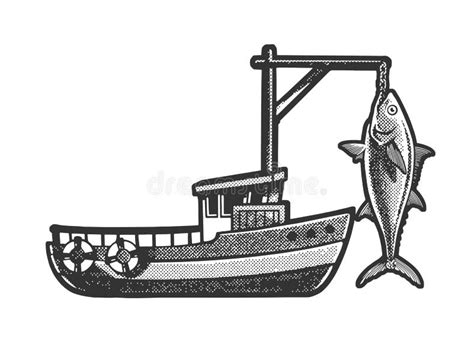 Fishing Boat with Huge Fish Sketch Vector Stock Vector - Illustration of element, woodcut: 254404053